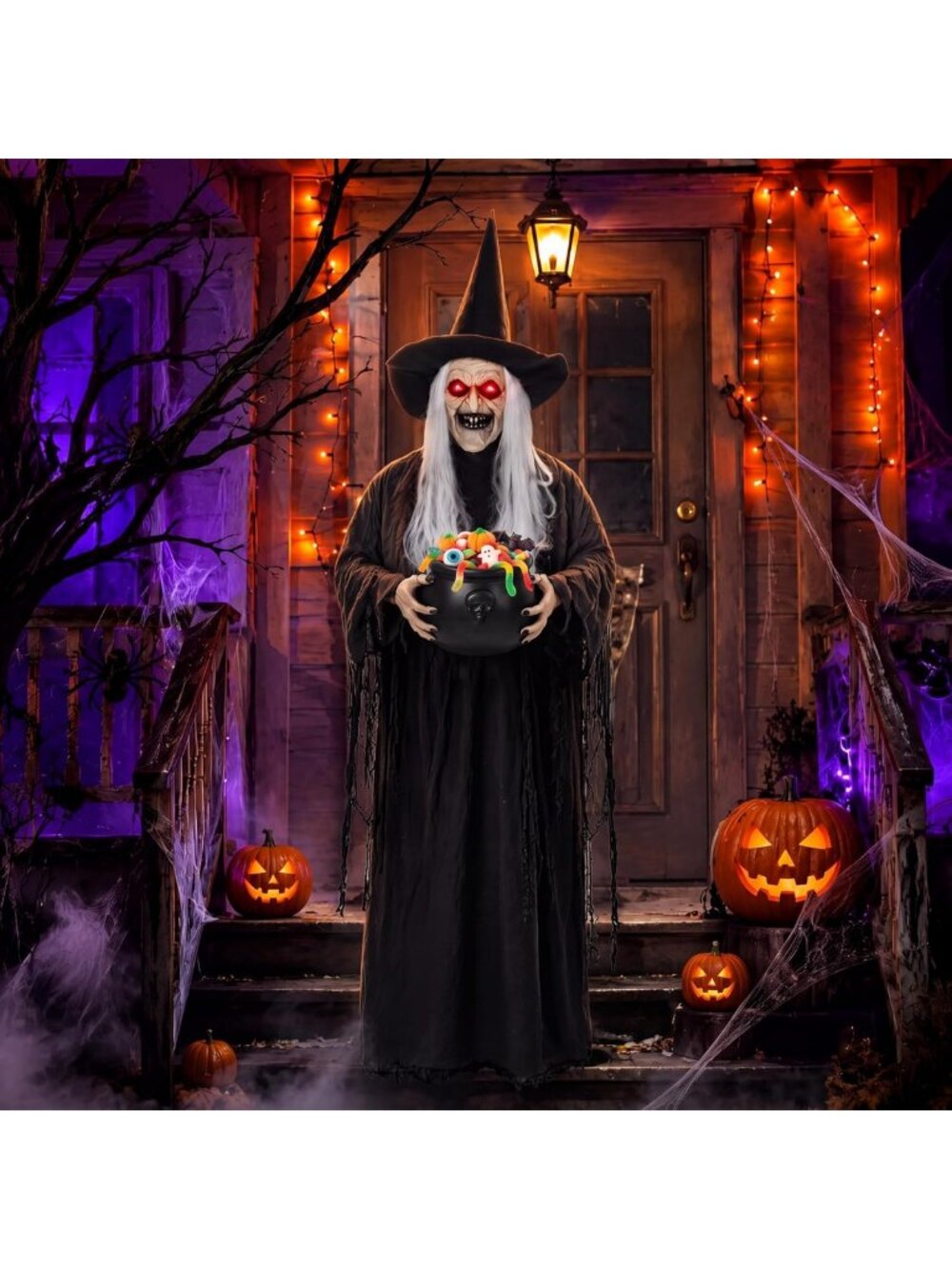 6ft Animated Halloween Witch Prop with Light-Up Eyes & Spooky Cauldron Decor